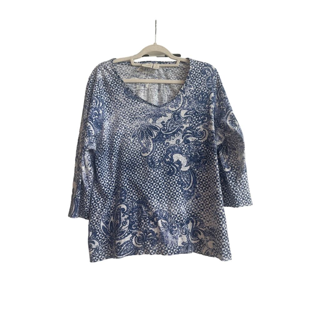 Chico’s White and Blue Paisley Boho Design V-neckline Cotton and Modal Blend Top
